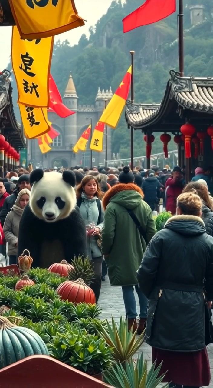 People browse gently through a vibrant outdoor market, examining green and white items under the warm sunlight.