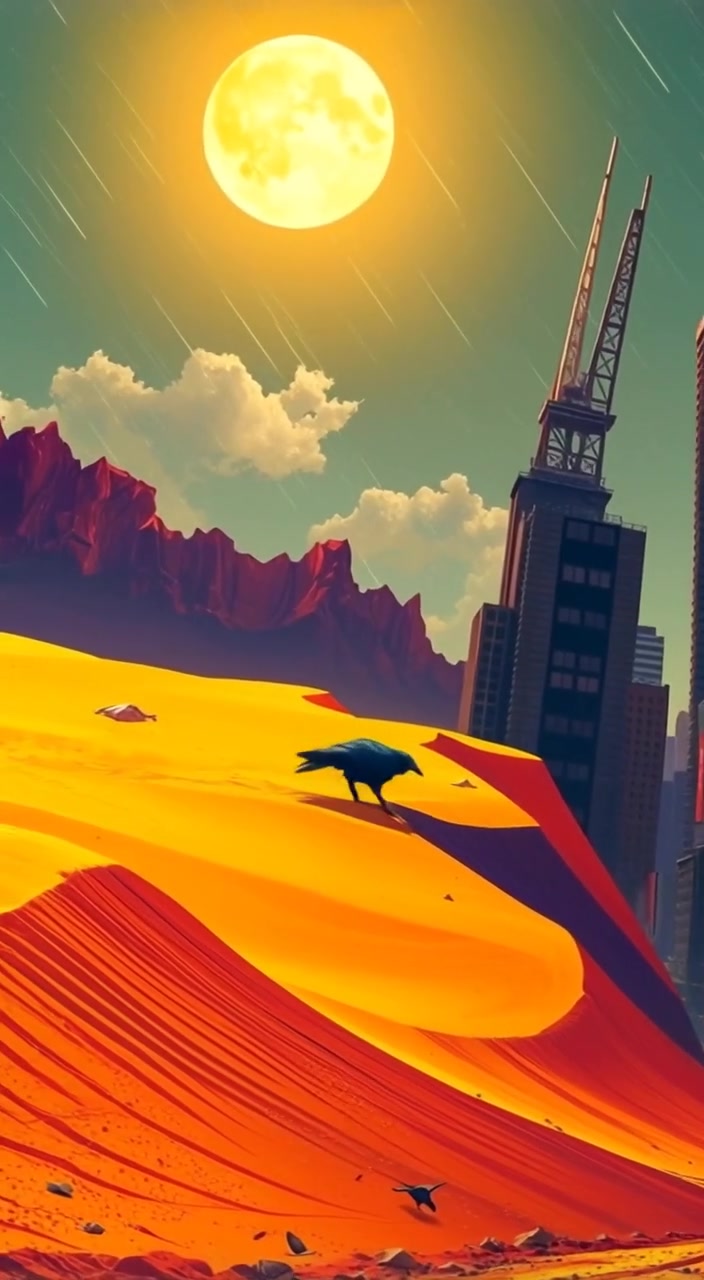 A gentle breeze sways golden sand dunes beneath a blazing sun, with distant mountains shimmering on the horizon.