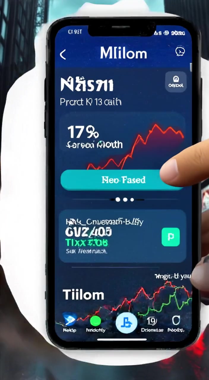 The hand gently swipes across the smartphone screen, interacting with the vibrant graphics of the Miliom app.