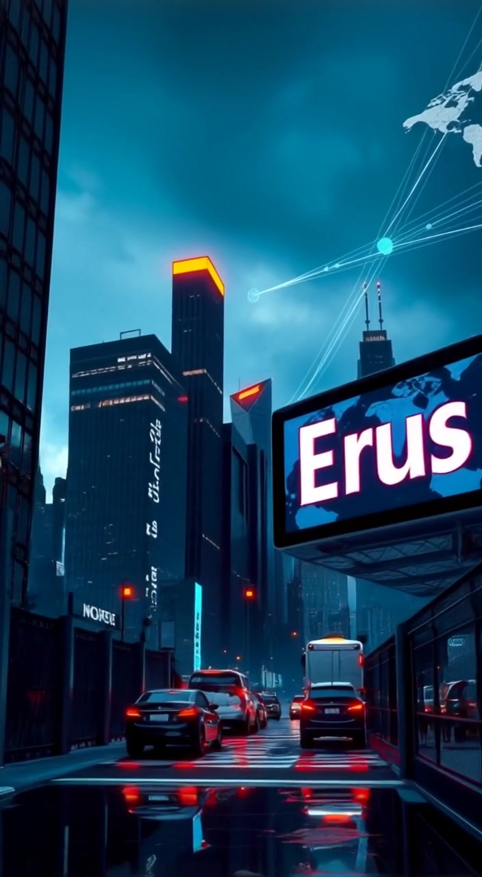 Clouds drift slowly over a futuristic city skyline, glowing lights reflecting on the glass skyscrapers at dusk.
