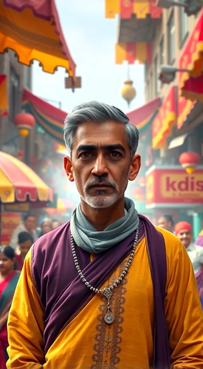 The man strolls through a vibrant market, observing shoppers and colorful stalls as sunlight filters through the fabric awnings.