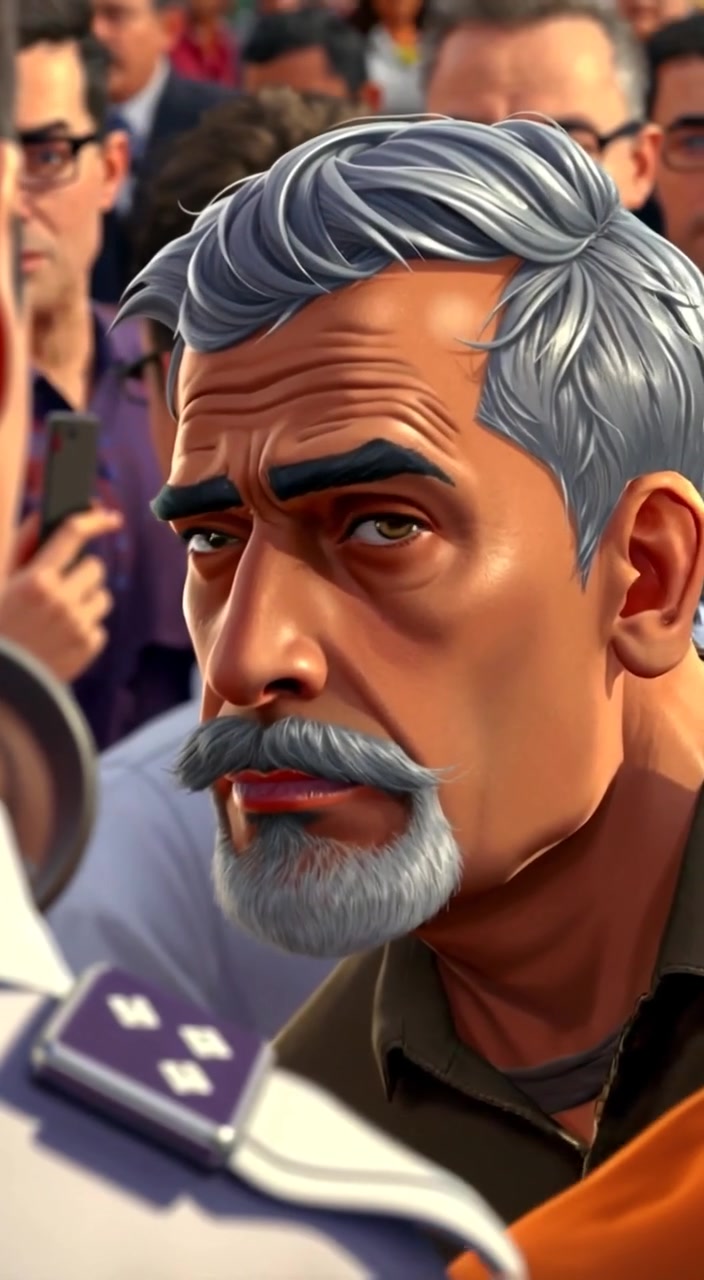 The man searches the crowd intently, scanning faces with determination while the sounds of the bustling city surround him.
