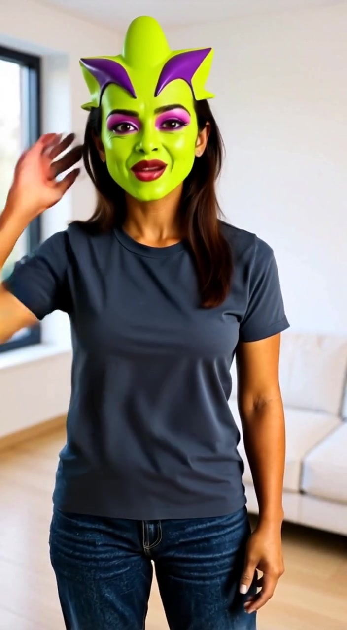 The alien playfully tilts its head and wiggles its antennae, showing exaggerated expressions in a vibrant, colorful setting.