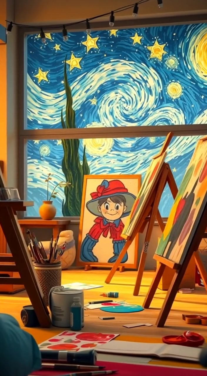 A brush gently strokes across a canvas, blending vibrant colors in the soft light of a cozy art studio.