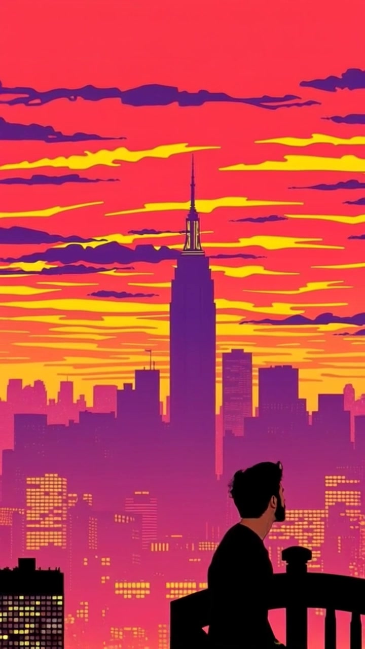 Subject: Spider-Man's silhouette perched on a ledge. Subject movement: Spider-Man leans into the wind, ready to leap off the building, embodying a sense of anticipation. Scene: A breathtaking skyline view of New York City at sunset, with the Oscorp building dominating the center. Style: Warm, golden-hour lighting enhances the vibrant colors of the sunset, casting soft shadows across the cityscape. Motion: The camera begins with a dramatic close-up of Spider-Man's silhouette against the skyline, then smoothly pulls back, revealing the expansive urban landscape bathed in sunset hues.