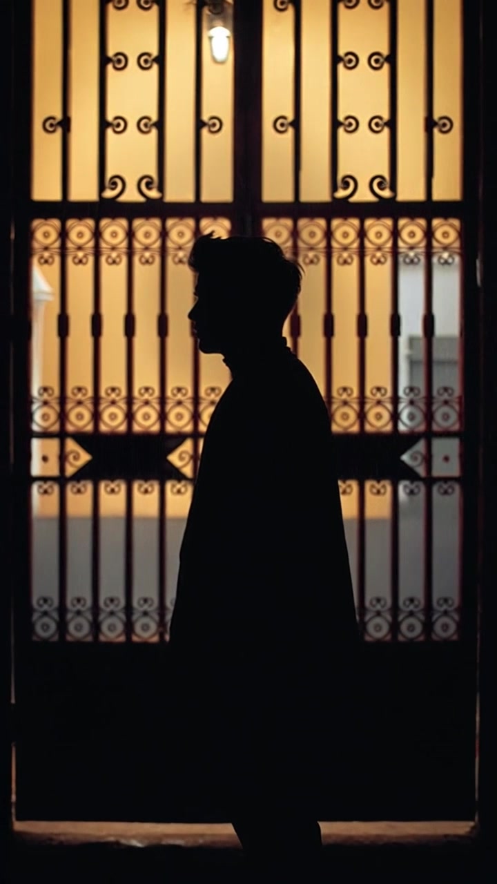 Subject: A man named Ares standing alone. Scene: Ares stands in front of a rusty iron gate, surrounded by pouring rain, creating a somber atmosphere. Lighting: Dim, overcast light filtering through rain clouds, enhancing the drizzly mood. Motion: The camera employs a slow push-in toward Ares, with raindrops splashing in close-up as they hit the ground, capturing the melancholic scene.