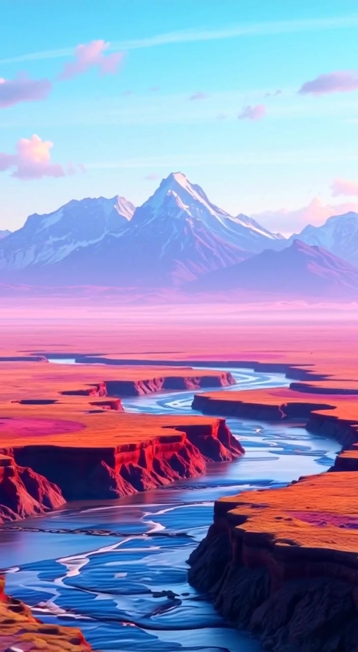 A gentle river flows through the landscape, reflecting the mountains and clear blue sky above.