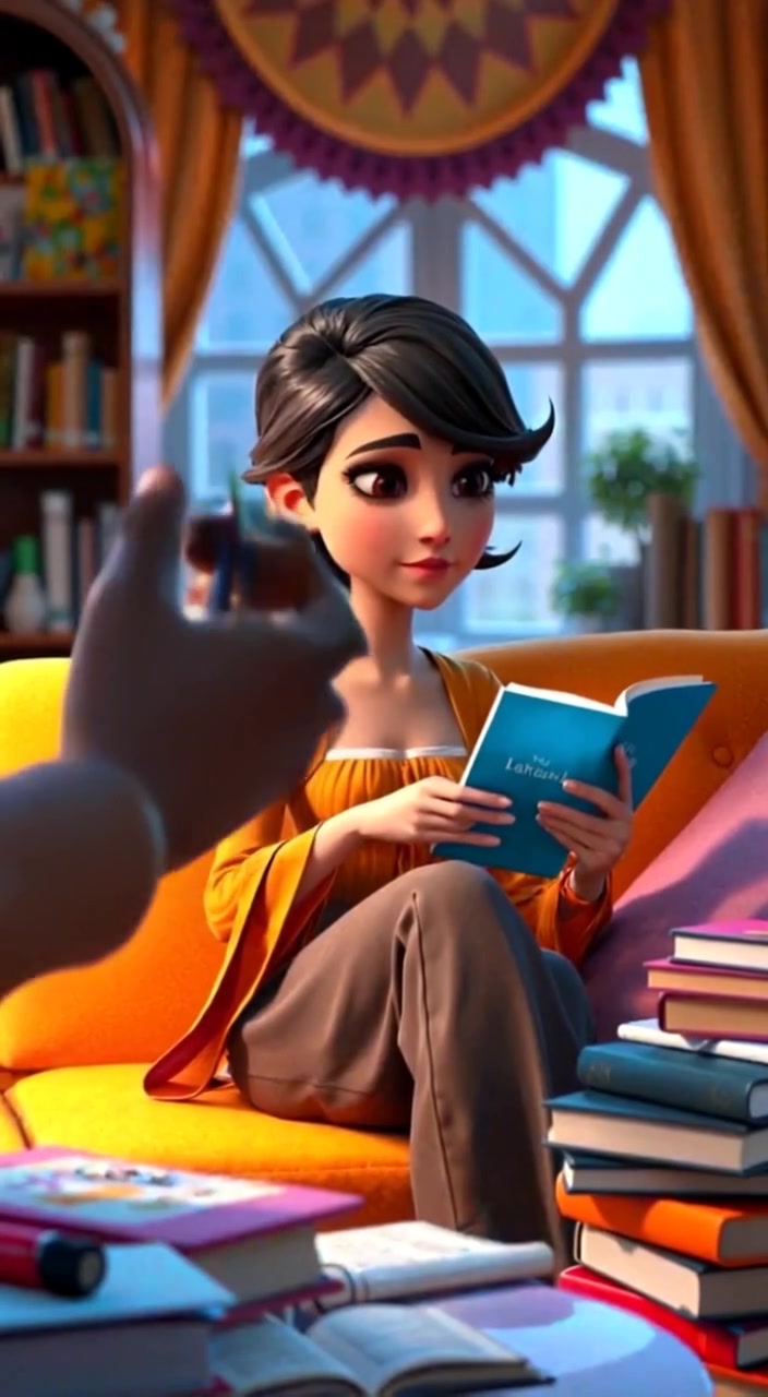 The woman thoughtfully fidgets with a pen while glancing at her notes scattered across the plush couch.