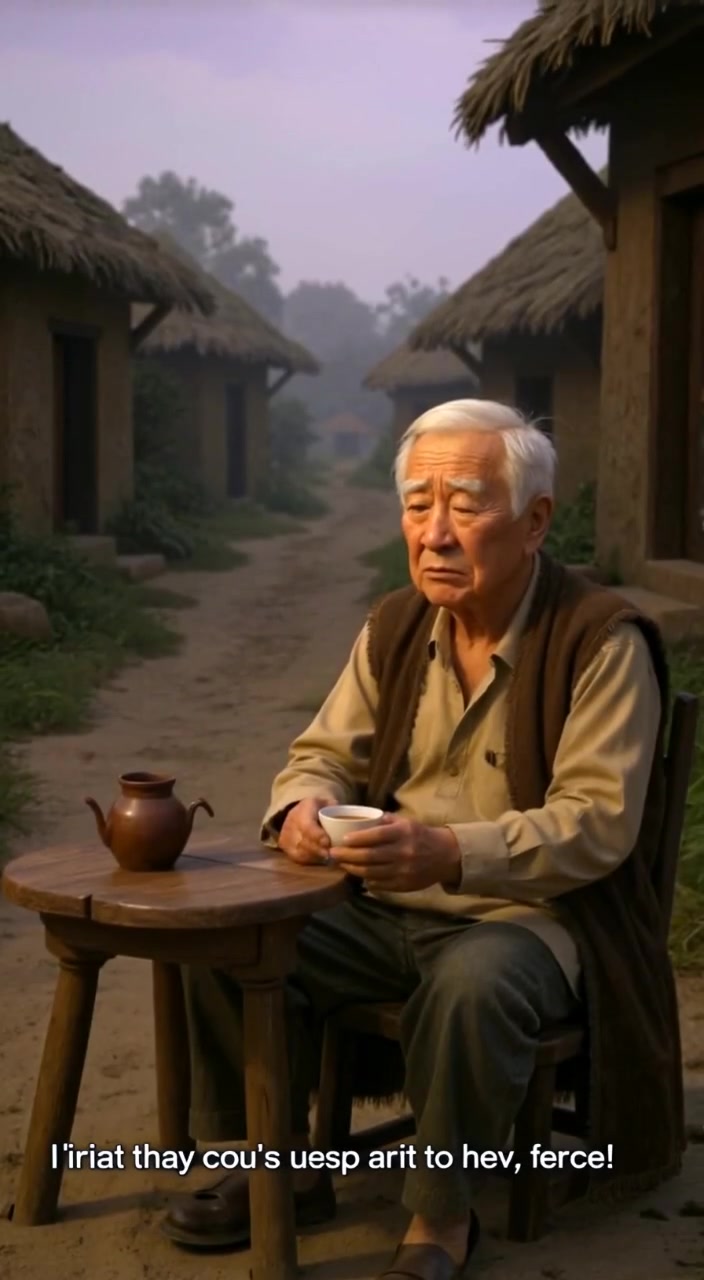 The man gently stirs his tea, glancing around the café with a disgruntled expression on his face.