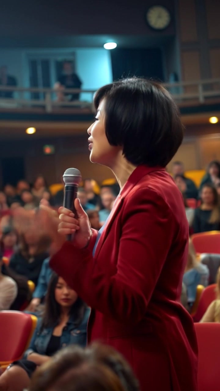 Subject: A motivational speaker passionately addressing an audience. Subject movement: The speaker gestures enthusiastically, pacing the stage with dynamic movements to engage the listeners. Scene: An auditorium filled with eager listeners, bright stage lights illuminating the room, creating a sense of excitement. Style: Warm lighting that enhances the inspirational atmosphere, making the audience feel energized. Motion: The camera moves in closer to the speaker as they animate their words, then gently pulls back to capture the enthusiastic reactions of the audience.