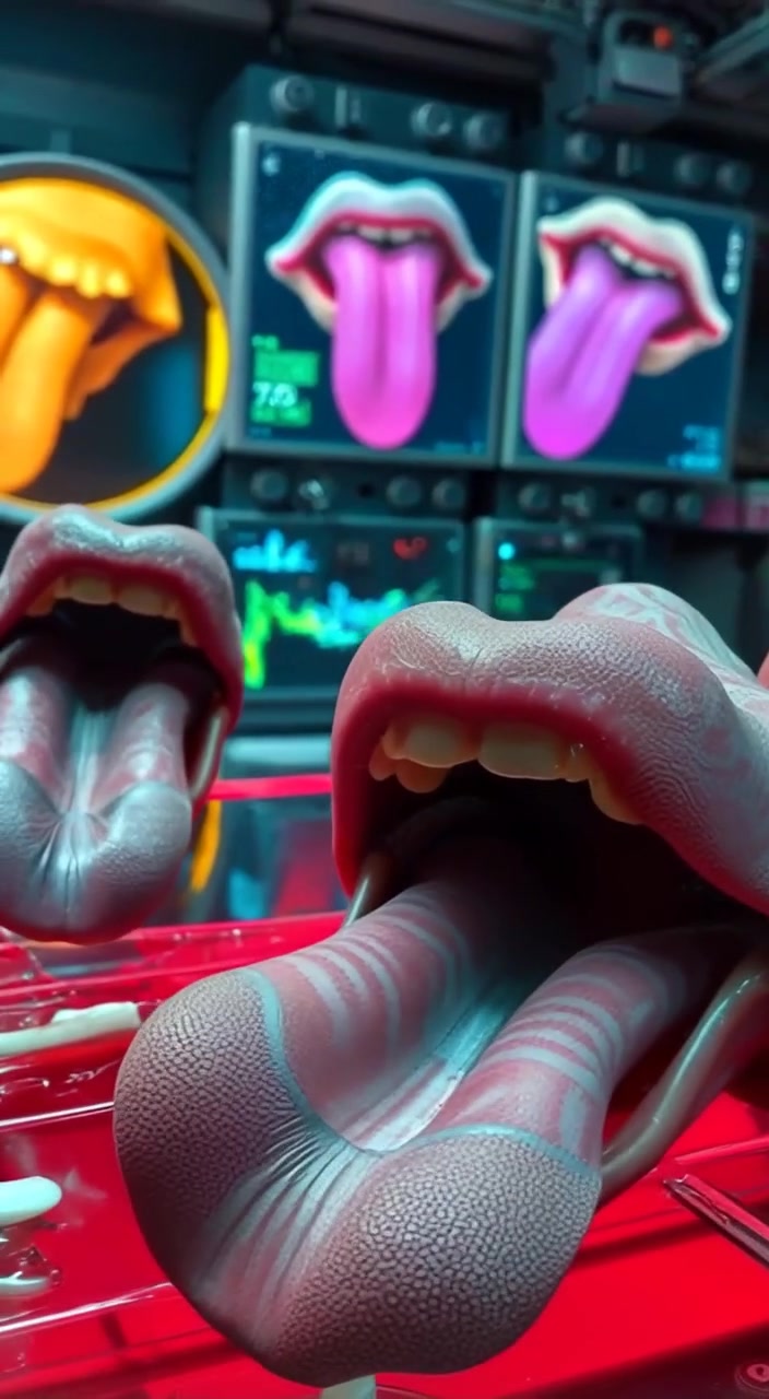 Close-up of tongues gently moving and flicking against a vibrant, colorful background, revealing unique textures and patterns.