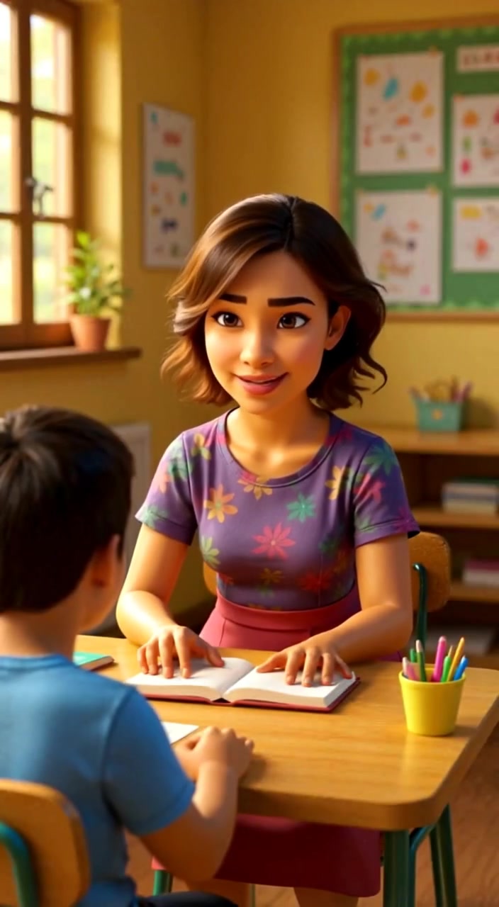 The woman smiles gently while leaning forward, listening attentively to the student sitting across the desk.