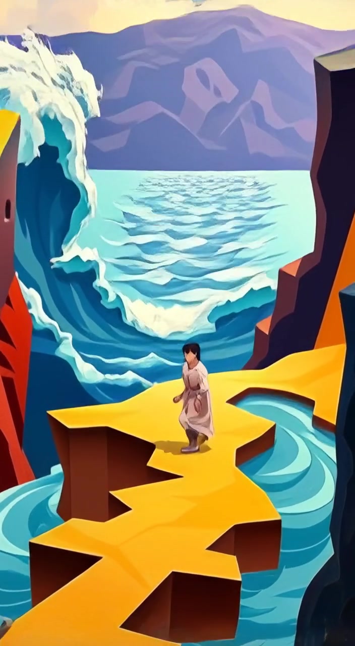 The woman leads a group across dry land, with towering walls of water parting on either side.