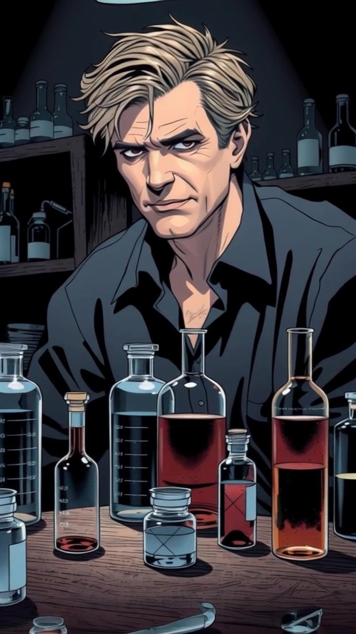 Scene: Dr. John Pemberton in a dimly lit laboratory, surrounded by glass vials and a large wooden table filled with ingredients. Style: Warm, low light with a cozy yet mysterious atmosphere, shadows play across the room's surfaces. Motion: The camera slowly pushes in from a wider view, revealing the intricate details of the laboratory as it gently absorbs the ambiance of the space.