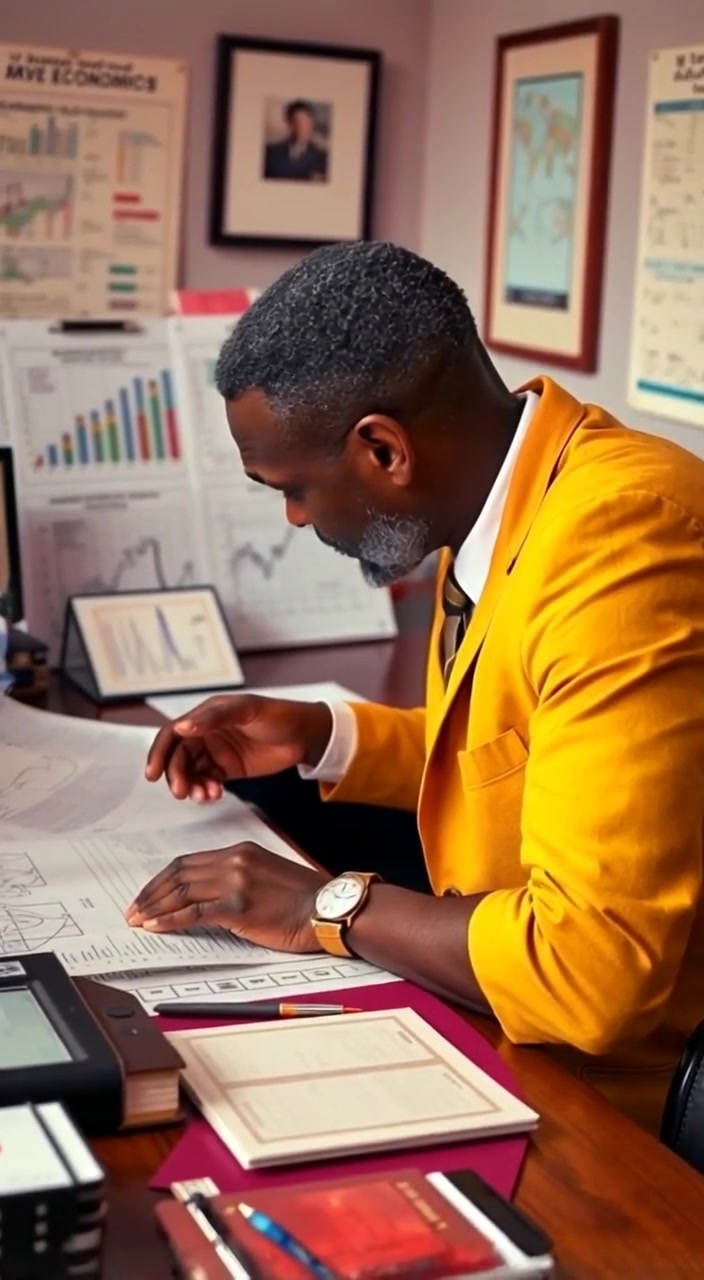The man thoughtfully studies a blueprint on the desk, while gently tapping a pen against scattered economic documents.