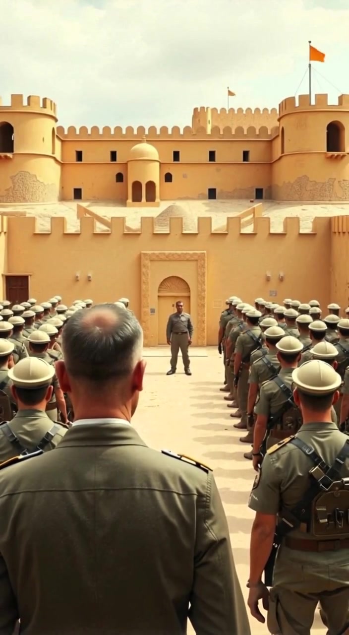 The soldier stands at attention, glancing up toward the ancient fortress, as the wind gently rustles their uniform.
