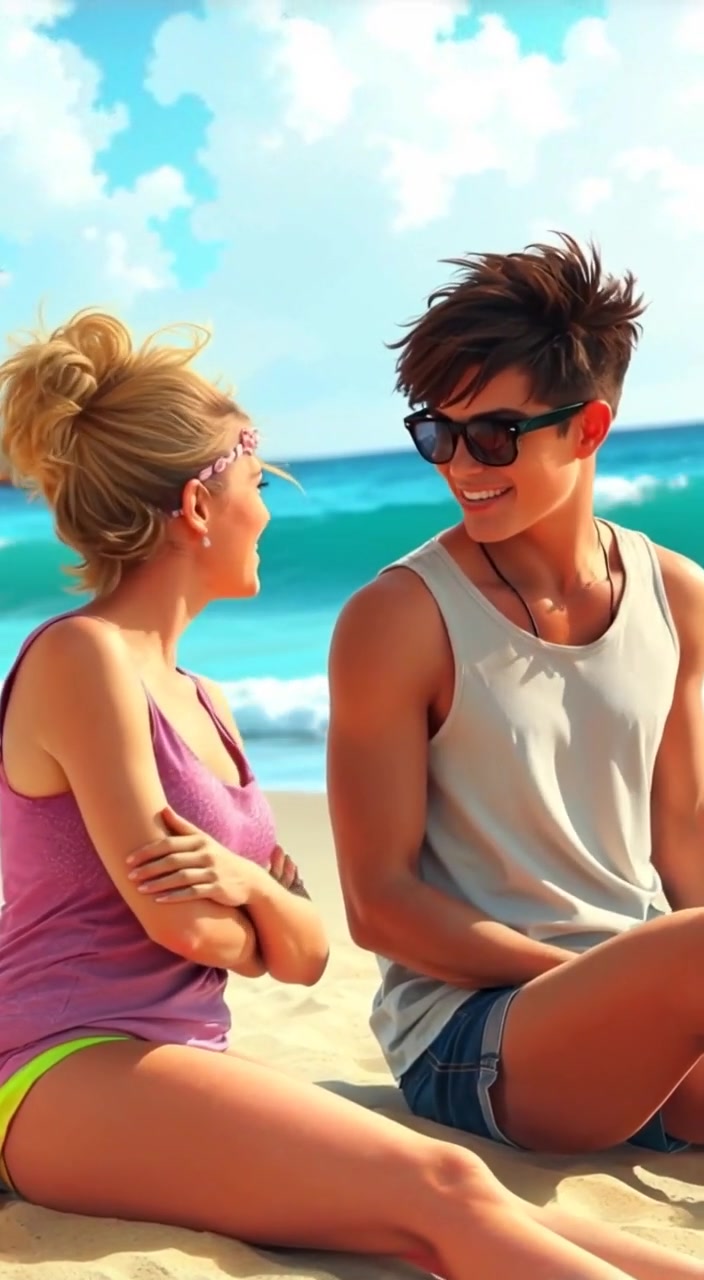 The beachgoers gently sway as they laugh together, their conversation blending with the sound of waves crashing nearby.