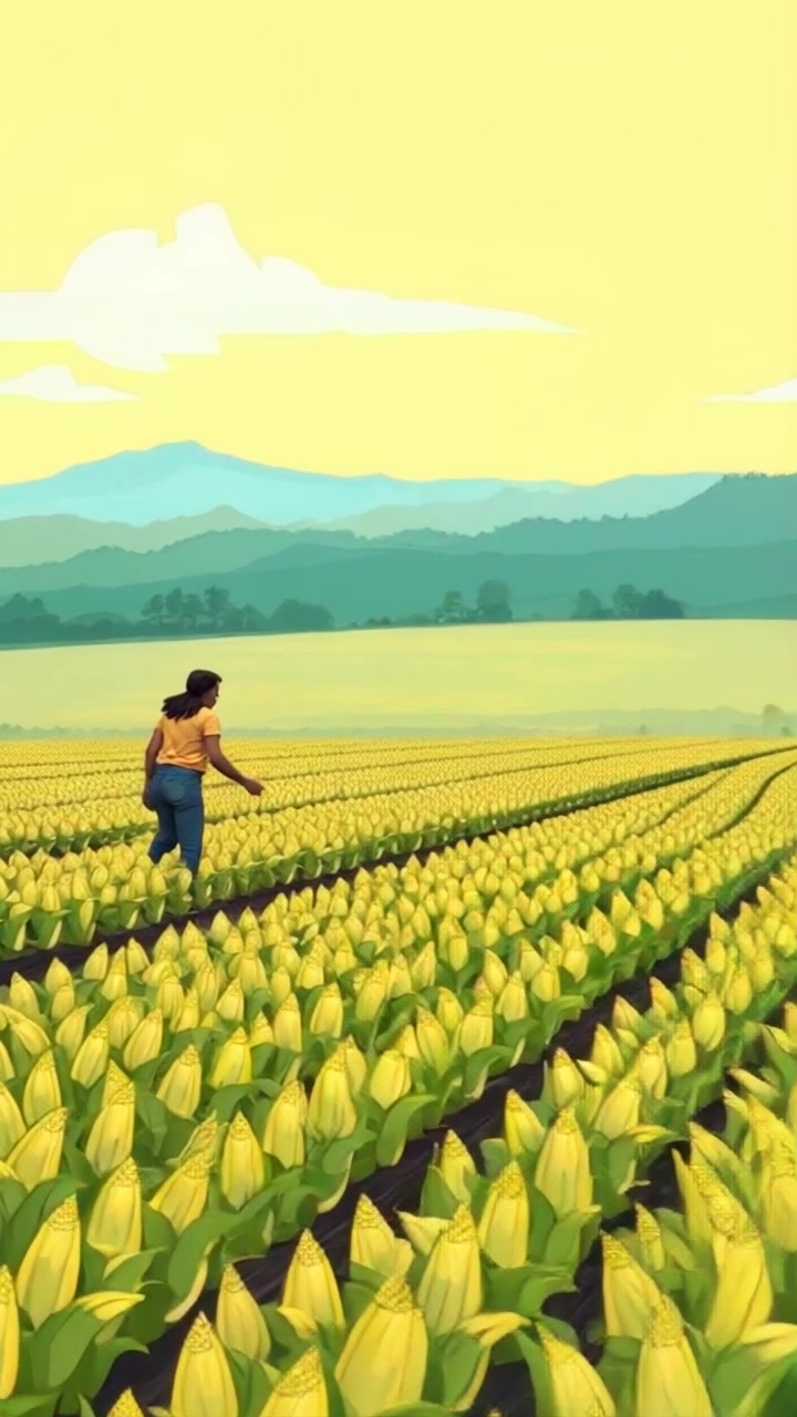 Subject: A diligent farmer tending to the crops. Subject movement: The farmer moves gracefully through the rows, kneeling to inspect the plants and occasionally standing to stretch. Scene: A wide view of a vibrant farm with lush fields of crops under a clear blue sky. Style: Bright, midday sunlight illuminating the green fields, creating a warm and inviting atmosphere. Motion: The camera glides smoothly across the landscape, showcasing the expansive fields while gradually zooming in on the farmer as they work.