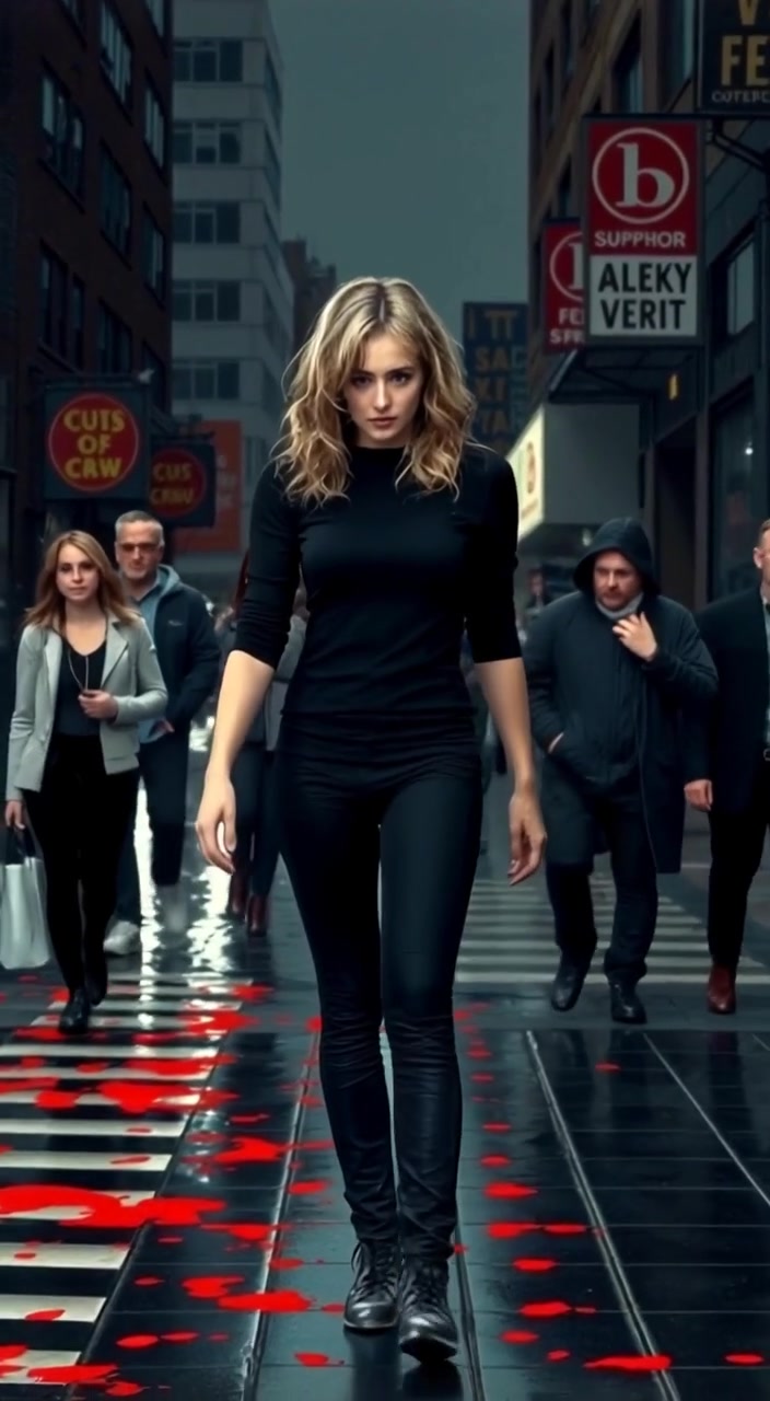 The woman gazes thoughtfully at the ground as people bustle by on the busy street.