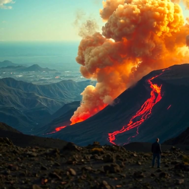 Volcanic dust rises slowly into the air, swirling gently above the rugged landscape under a cloudy sky.