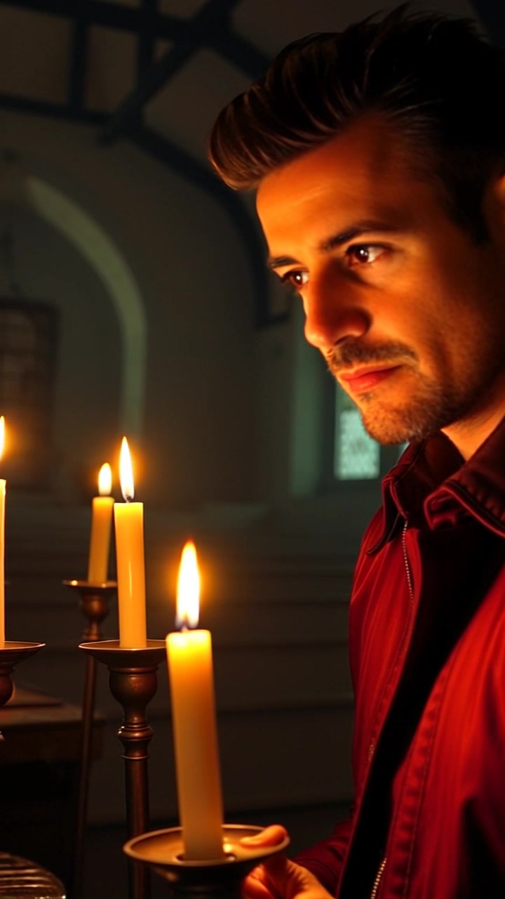 Subject: A contemplative friar in a candle-lit chapel. Subject movement: The friar sits still, gently leaning forward as he gazes at a flickering candle, lost in thought. Scene: Intimate chapel setting filled with warm, flickering candlelight casting soft shadows across the stone walls. Motion: The camera moves in slowly to capture the emotion in his expression, then pans around the chapel, emphasizing the serene and reflective atmosphere created by the dancing flames. Lighting: Soft, warm candlelight illuminating the scene, creating a tranquil and inviting ambiance.