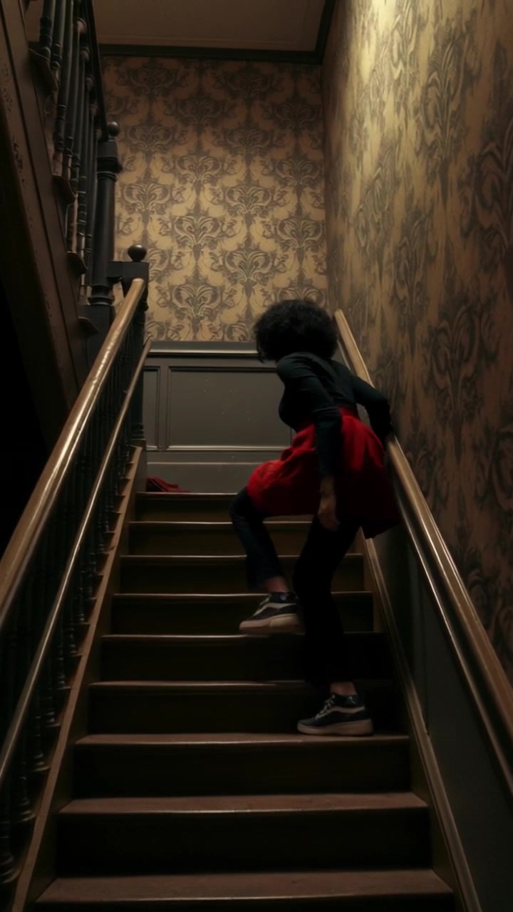 Subject: A person named Rina climbing a staircase. Subject movement: Rina ascends the worn wooden steps with a deliberate yet graceful motion, her hand brushing against the faded wallpaper. Scene: An old building's staircase filled with character and a sense of history. Style: Ambient light filtering through a nearby window, casting soft shadows on the steps. Motion: The camera follows Rina upwards with a smooth tracking shot, emphasizing the textures of the steps and wallpaper as she climbs.