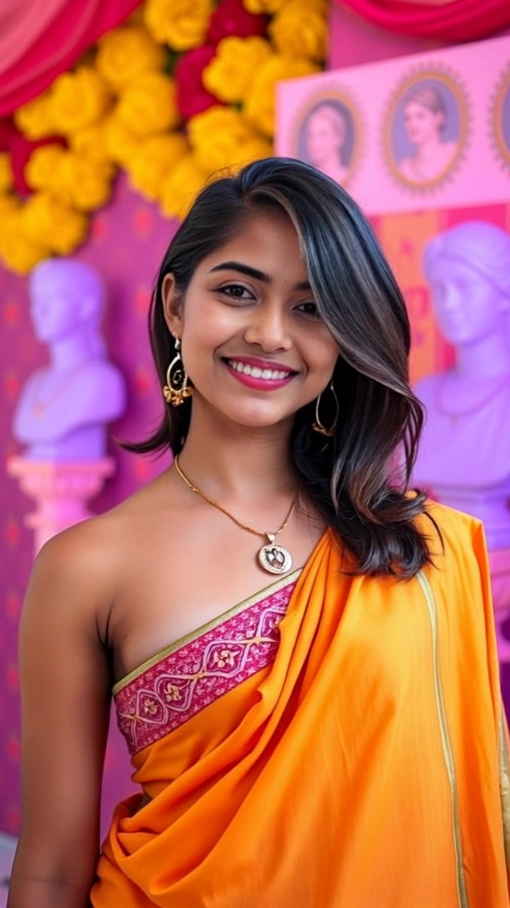 Subject (Build, Ethnic attire, Facial features, Smiling expression) + Subject movement (Welcoming gesture) + Scene (Colorful Indian textiles backdrop) + Camera Language (Slow zoom in) + Lighting (Colorful spotlights) + Atmosphere (Welcoming and vibrant)