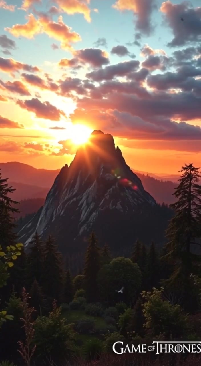 Sunlight gradually spreads across the mountainous landscape, illuminating the colorful sky as clouds slowly shift in the dawn.