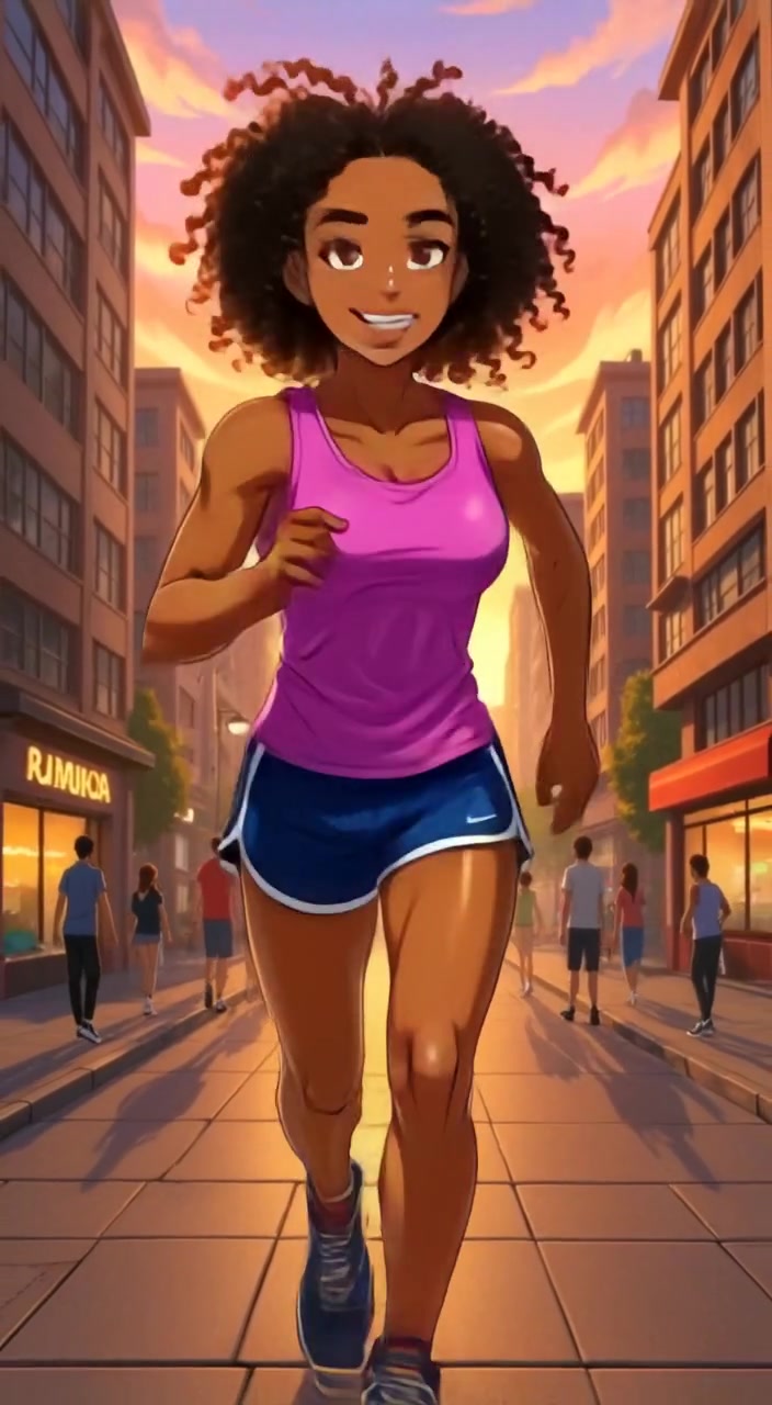The woman runs swiftly along the city sidewalk, sunlight reflecting off tall buildings under a bright morning sky.
