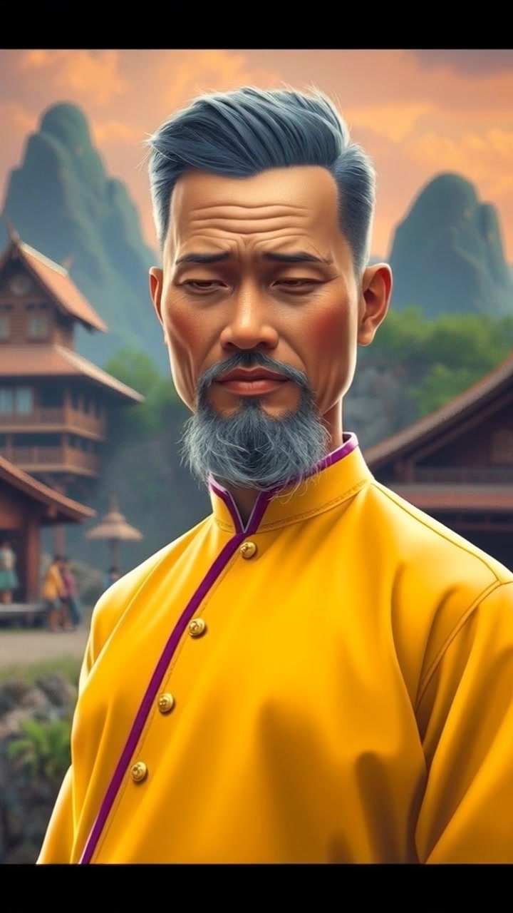 Subject (Build, Hairstyle and color, Clothing and accessories, Facial features, Body posture - Ki Gede Sebayu wearing traditional Javanese attire) + Subject movement (Stands still) + Scene (Historical village landscape) + Camera Language (Slow zoom in on subject) + Lighting (Golden hour sunlight casting long shadows) + Atmosphere (Serene ambiance)