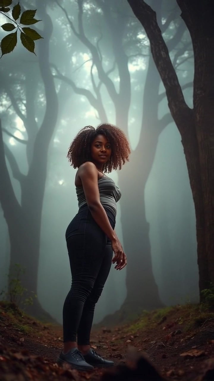 Subject: Amara standing still in a misty forest, surrounded by ancient trees as fog swirls around her. Scene: Enchanted forest enveloped in fog, towering trees creating a mystical atmosphere. Style: Soft, diffused lighting accentuates the eerie beauty of the mist and foliage. Motion: Camera gently circles around Amara, highlighting the swirling fog and the majestic trees, while maintaining an ethereal, dream-like quality.