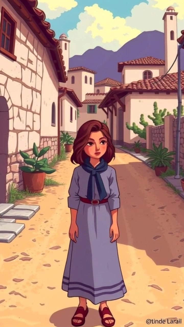 Subject: Mary standing outside a traditional house in a small village in Nazareth. Subject movement: Mary looks around thoughtfully, her dress gently swaying in the breeze. Scene: A quaint village setting with dusty roads and traditional houses, bathed in warm sunlight. Lighting: Soft, ambient lighting creating an inviting atmosphere. Motion: The camera slowly pushes in from a distance, capturing the village details and then focusing on Mary, as she embodies the serene beauty of her surroundings.
