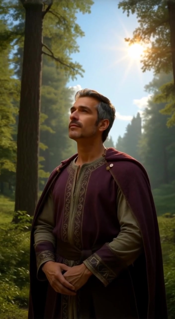 The man gazes thoughtfully at the sky, surrounded by gently swaying trees under soft sunlight filtering through the leaves.