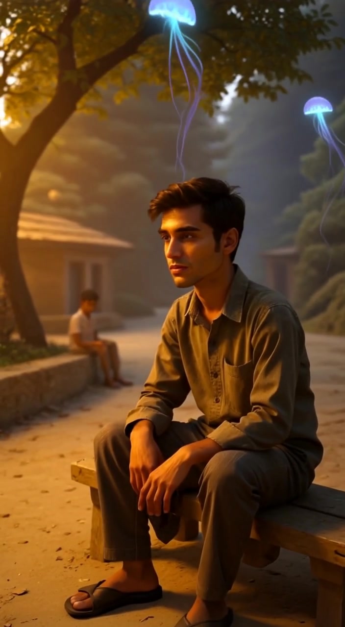 The man gazes thoughtfully at the trees swaying gently in the breeze while sitting alone on the park bench.
