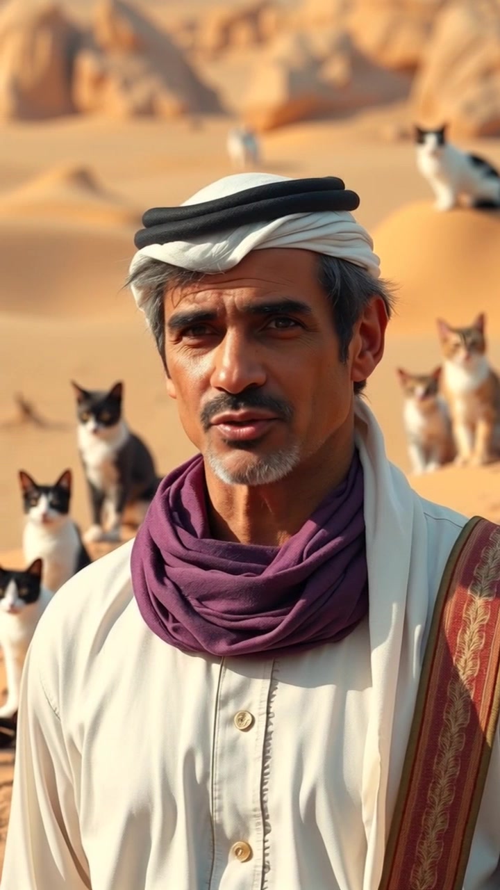 Anas bin Malik stands in a desert landscape, dressed in traditional Arabian attire, speaking earnestly. Push in for a close-up shot on Anas as he gestures passionately, while the camera slowly circles around him. The golden rays of the setting sun cast a warm glow over the scene, creating a serene and contemplative atmosphere.