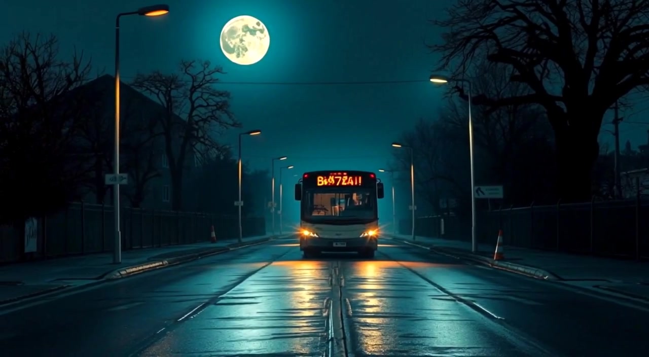 A bus gently moves along a lonely road illuminated by bright moonlight.