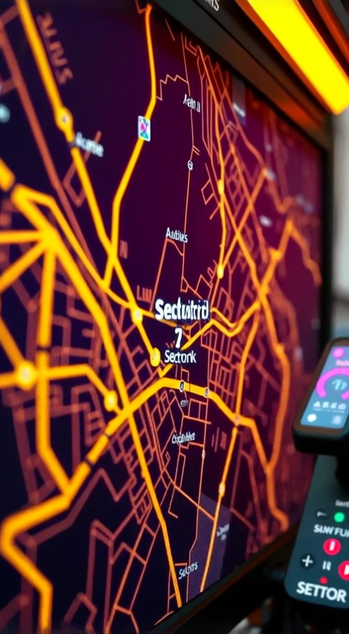 The camera gently pans over the digital map, highlighting a glowing location in sector 7 of the city.
