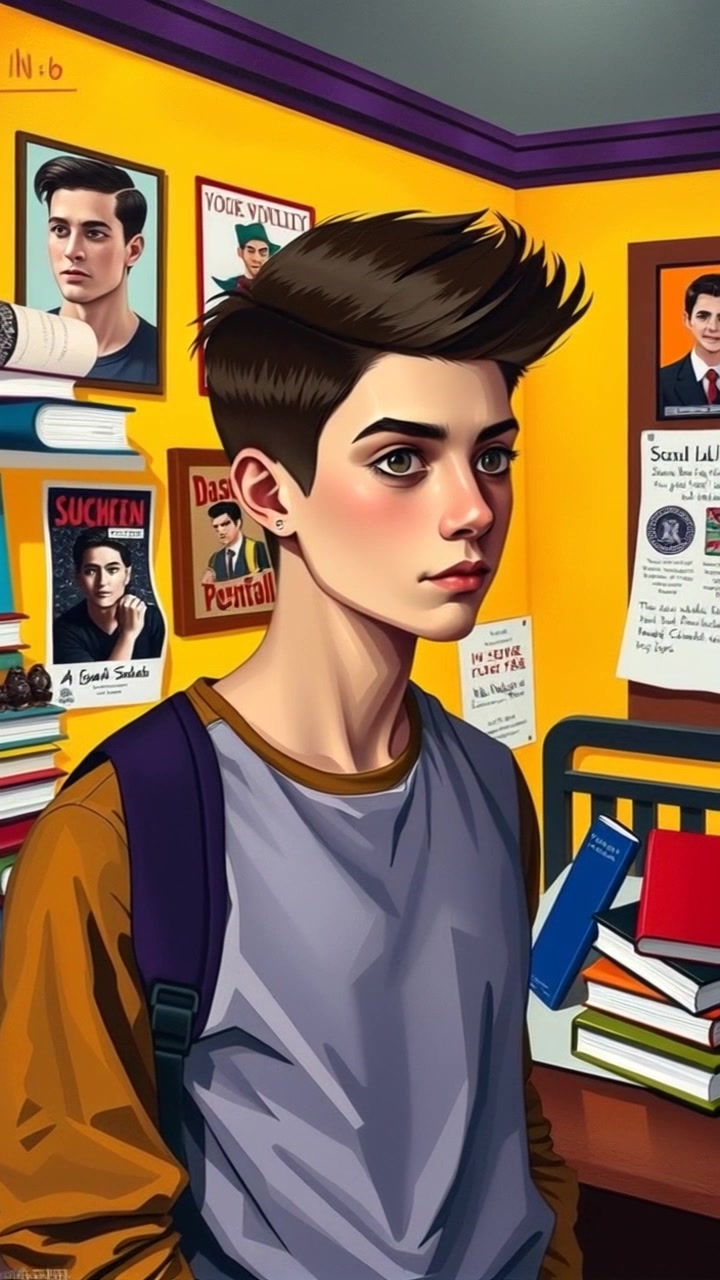 Scene: A teenage boy stands in his bedroom, enveloped by school books and colorful posters on the walls, gazing thoughtfully out the window. Style: Warm, ambient lighting creates a cozy atmosphere, with soft shadows accentuating the room's details. Motion: The camera gently pushes in, capturing the boy's contemplative expression as it subtly shifts, revealing the surrounding clutter of his studies and the vibrant decor.