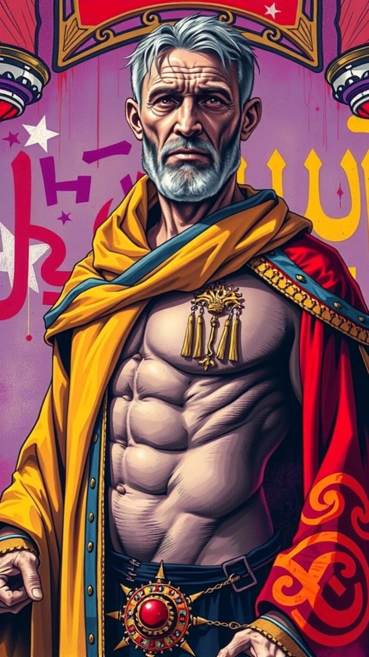 A tall, athletic man in richly adorned robes stands in a regal hall, wearing a crown.