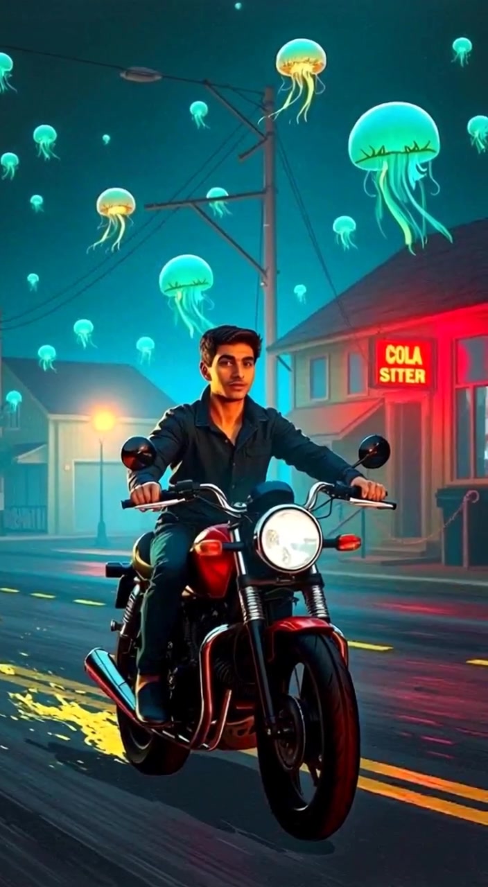 The motorcyclist weaves through an empty, shadowless town, tires rumbling softly on the asphalt.