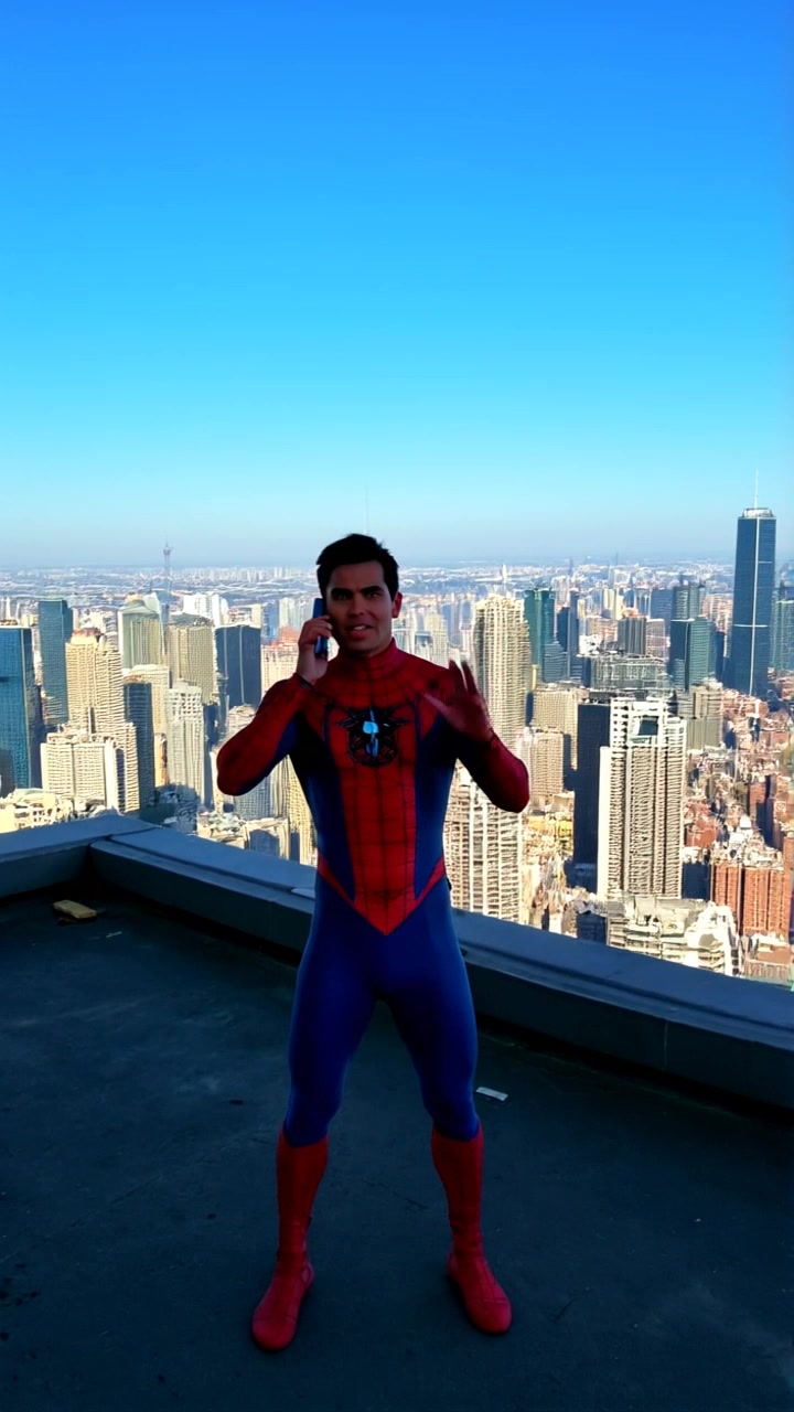Subject: Spider-Man in an active urban environment. Subject movement: He gestures animatedly while speaking into a communicator, showcasing urgency. Scene: Rooftop of a city building, skyscrapers stretching far into the background under a clear blue sky. Style: Bright daylight creating sharp contrasts and strong shadows, emphasizing the city's vibrant atmosphere. Motion: The camera performs a dramatic panning shot, starting from a wide view of the skyline and then zooming in on Spider-Man as he communicates, capturing the dynamic tension in his posture.