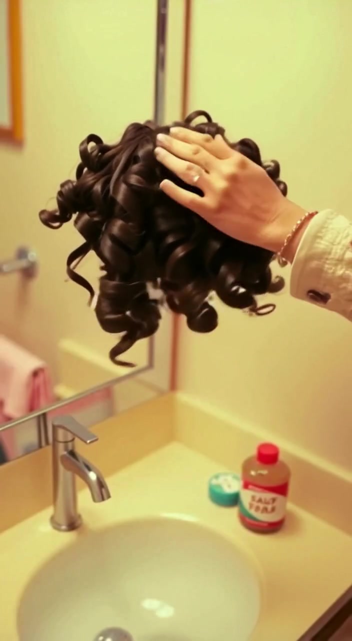 A hand gently scrunches curl cream into damp hair on a bathroom counter.