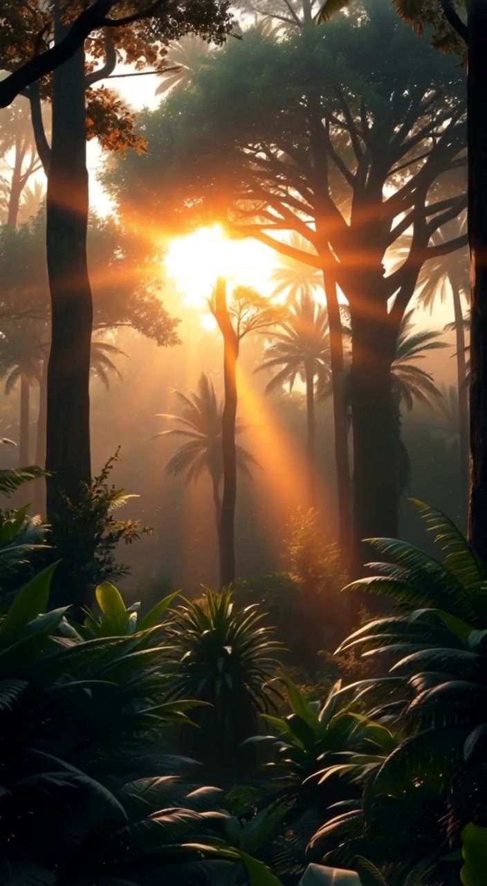 Leaves gently sway in the breeze as sunlight dances through the tall trees of the lush green jungle.