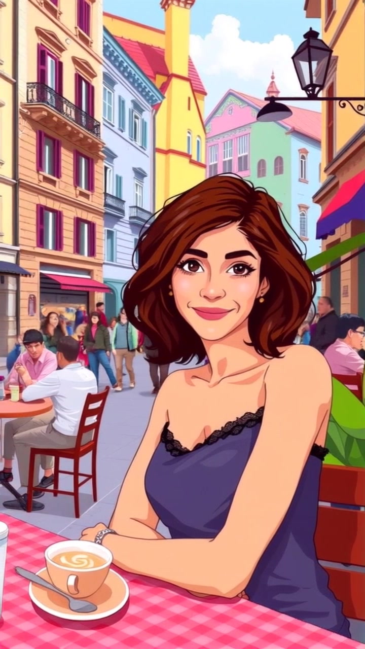 Scene: You smiling while sitting at a charming cafe in Milan, surrounded by colorful buildings and bustling pedestrians in the background. Style: Warm, inviting afternoon light brightens the lively atmosphere of the street. Motion: Camera smoothly pushes in from a wider angle, capturing the vibrancy of the scene as people walk by, creating a sense of life and connection.
