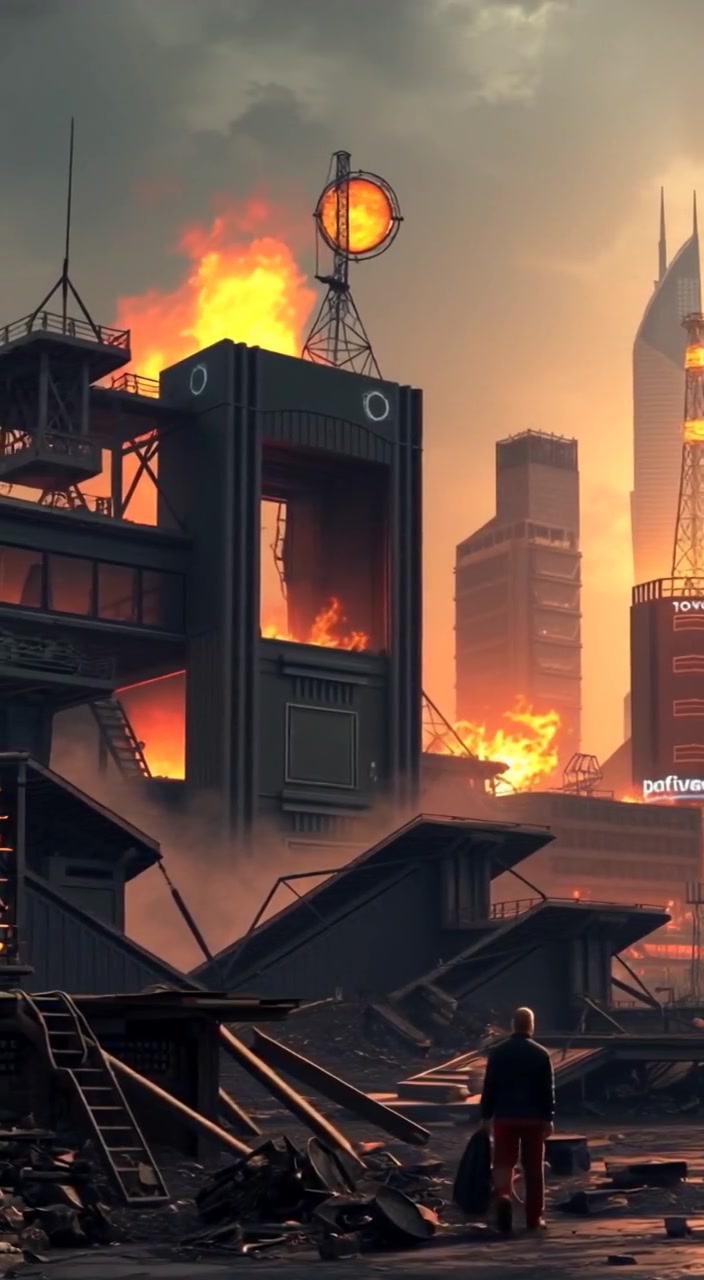 A lone figure walks through the desolate ruins, dust swirling gently around crumbled futuristic buildings in Neo-Tokyo.