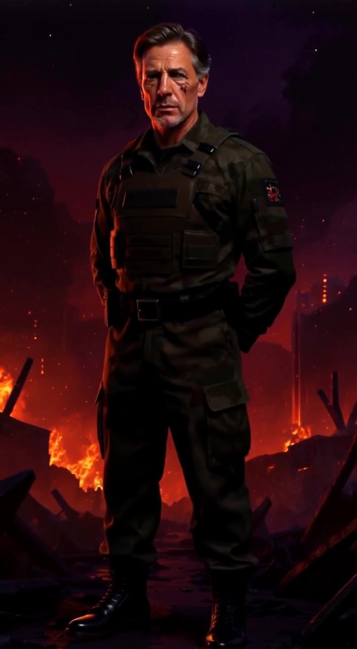 The figure stands silently, gazing over the desolate landscape of Neo-Tokyo, with smoke rising gently in the background.