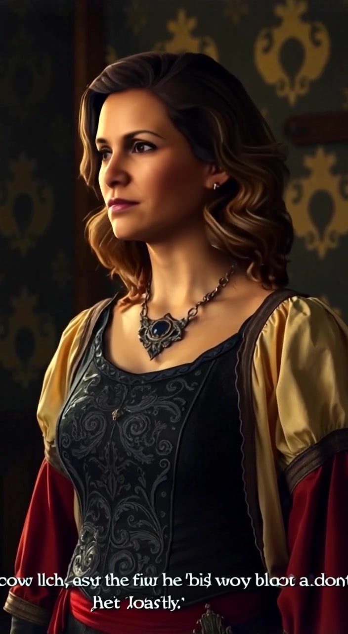 The woman gazes thoughtfully into the shadows that dance on the walls around her, the light flickering softly.