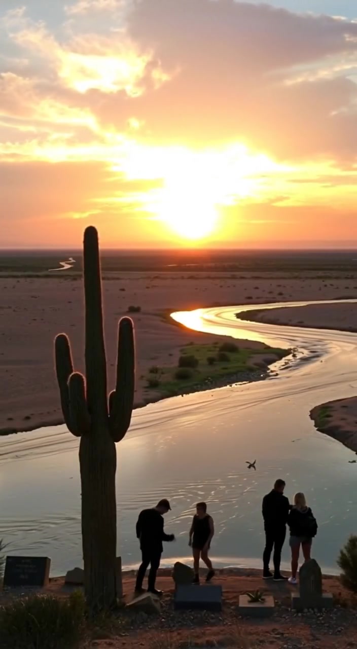 The cactus sways gently in the breeze as the colors of the sunset deepen across the vast desert landscape.
