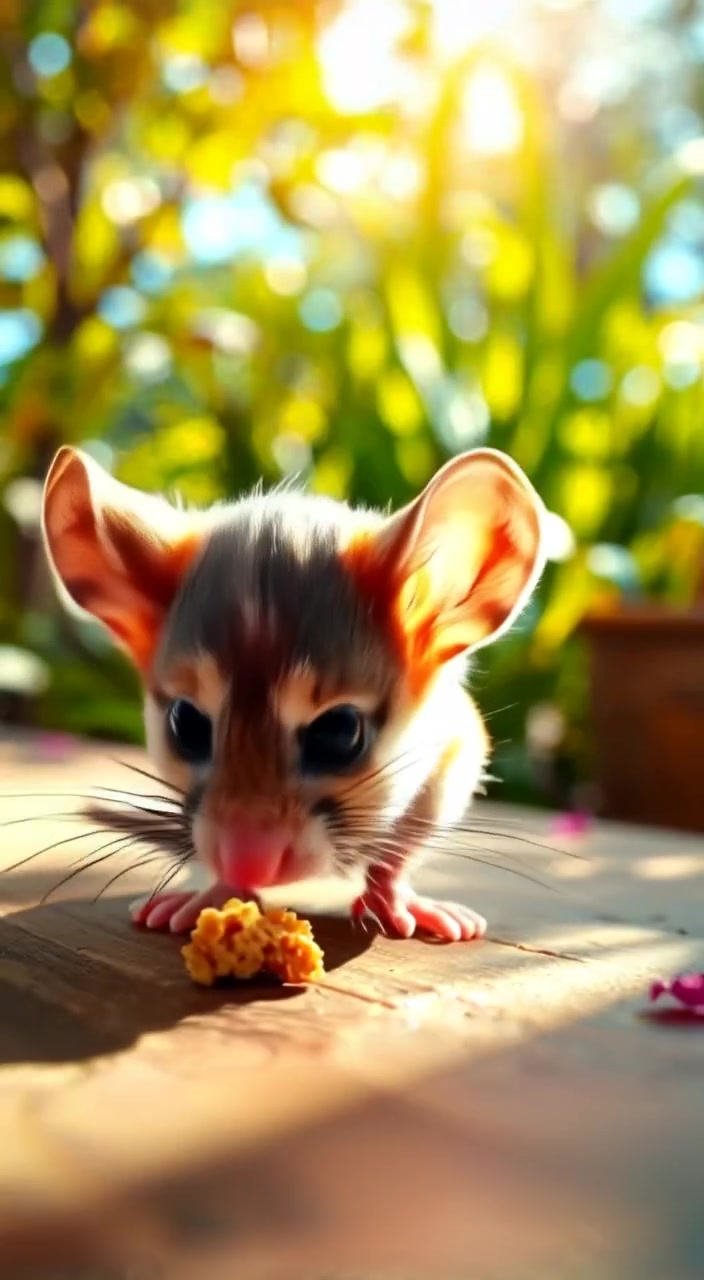 A close-up of Mouse's tiny pink paws and brown fur, standing on a wooden surface with a small crumb in front.