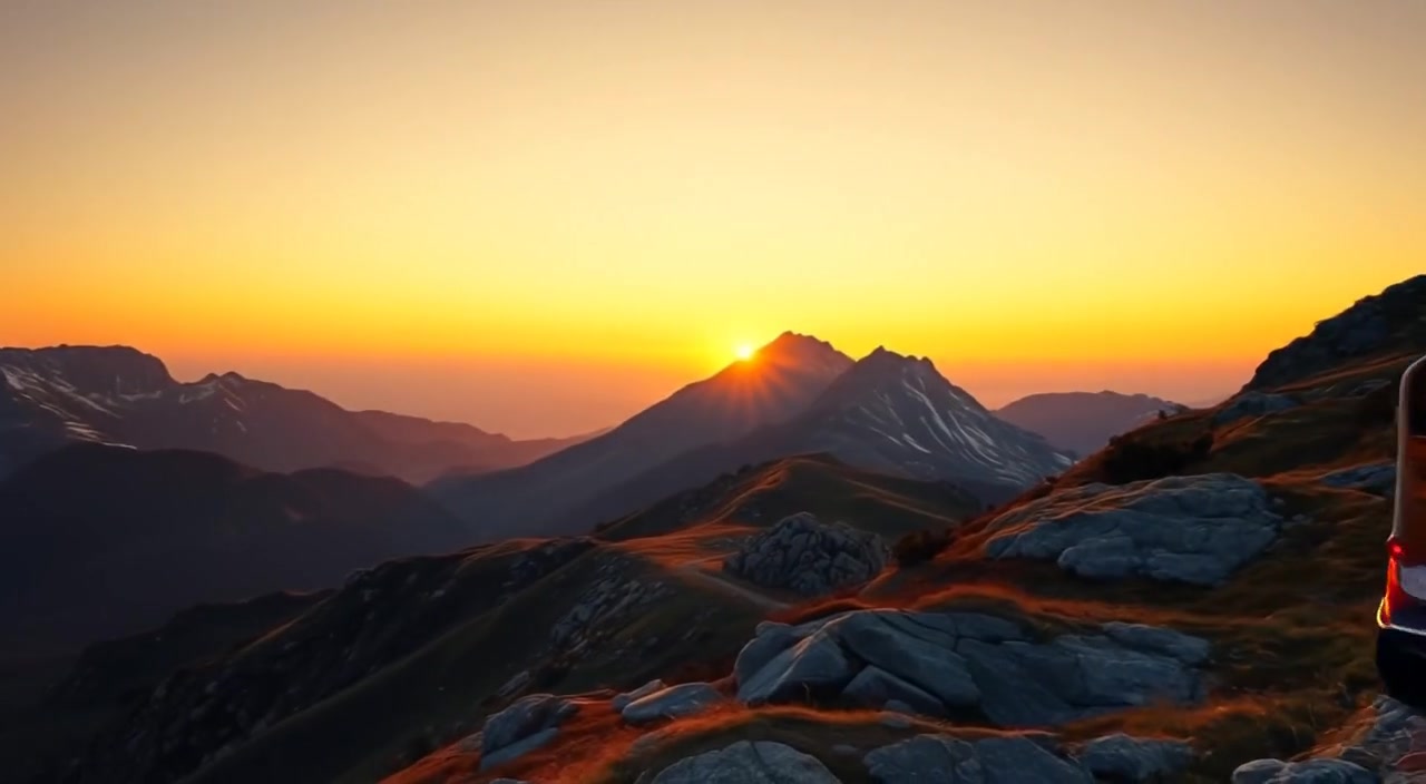 A gentle breeze sways grass along the winding mountain trail as the sun sets on the rugged landscape.